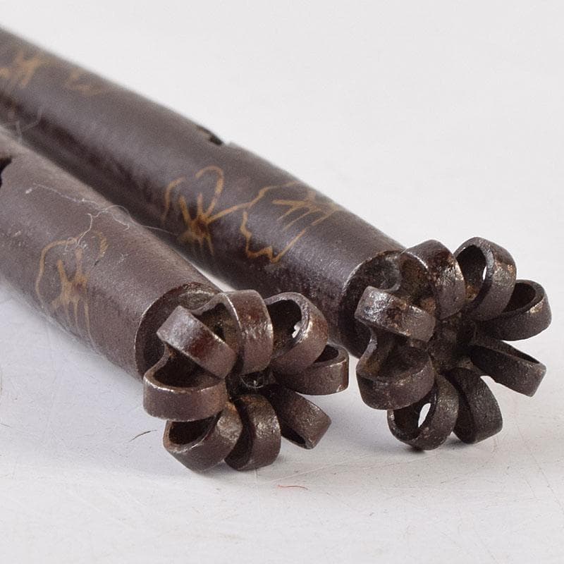 茶道具　釜師　高木治良兵衛作　金象嵌　梅頭鐵箸　火箸　共箱　M　R9504