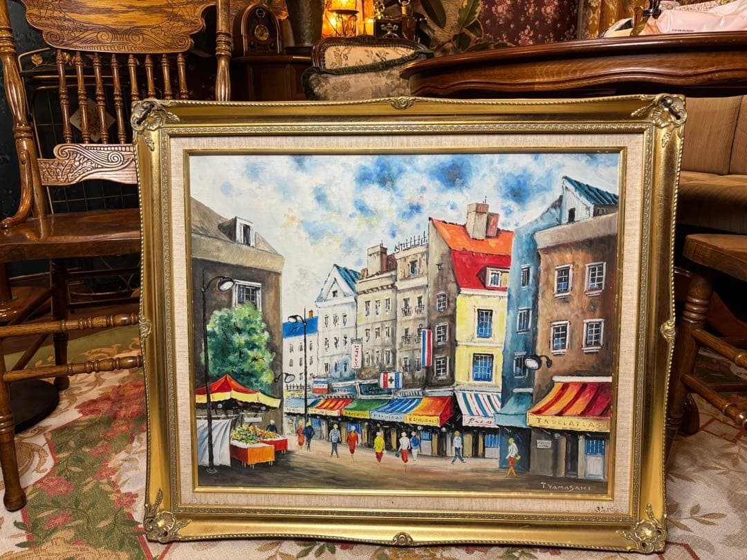 アンティーク絵画　パリの街並み　油彩画