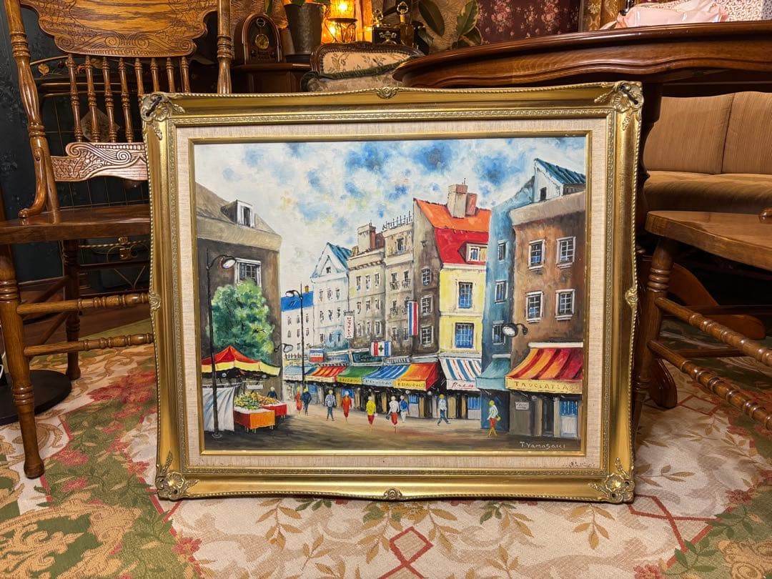 アンティーク絵画　パリの街並み　油彩画