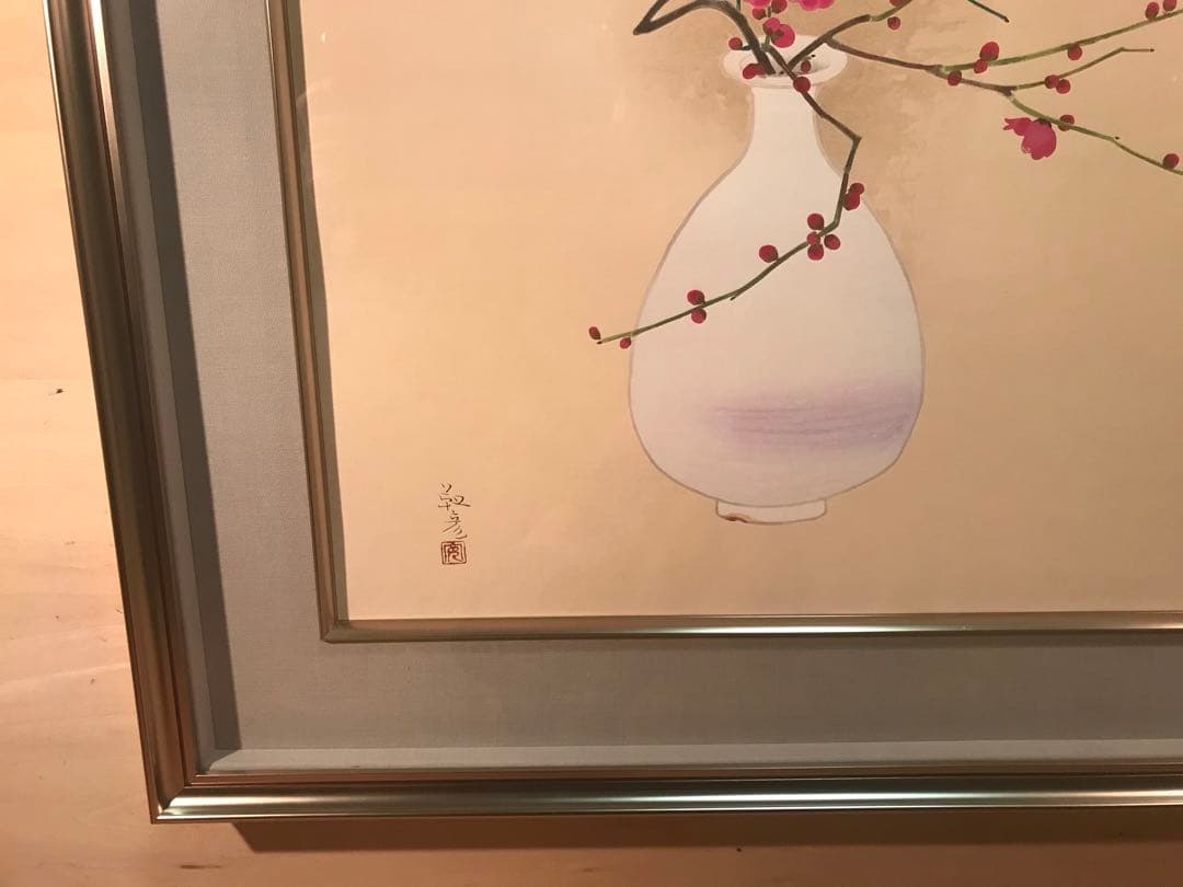 安田靫彦「紅花白瓶」木版画　刷り込みサイン・落款・作品証明シール・作品証明書有り