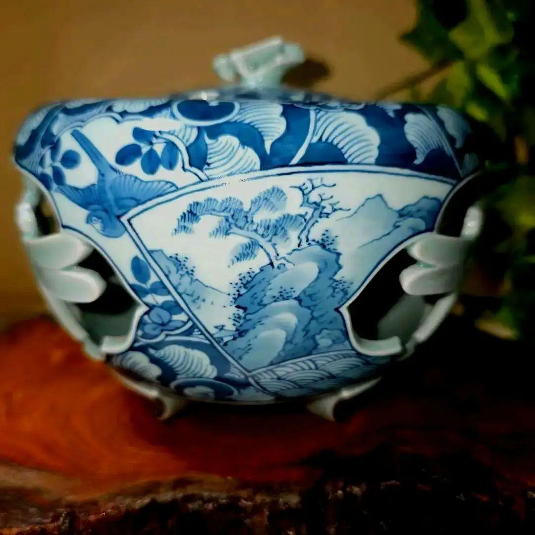 青雲窯 有田焼 染付祥瑞 山水風景図 青雲 茶道具 透かし彫り蜻蛉 三つ足香炉