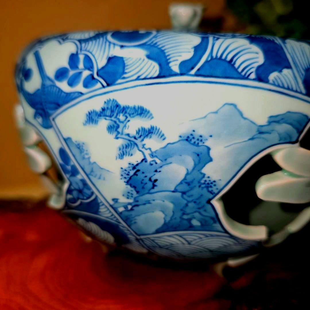 青雲窯 有田焼 染付祥瑞 山水風景図 青雲 茶道具 透かし彫り蜻蛉 三つ足香炉