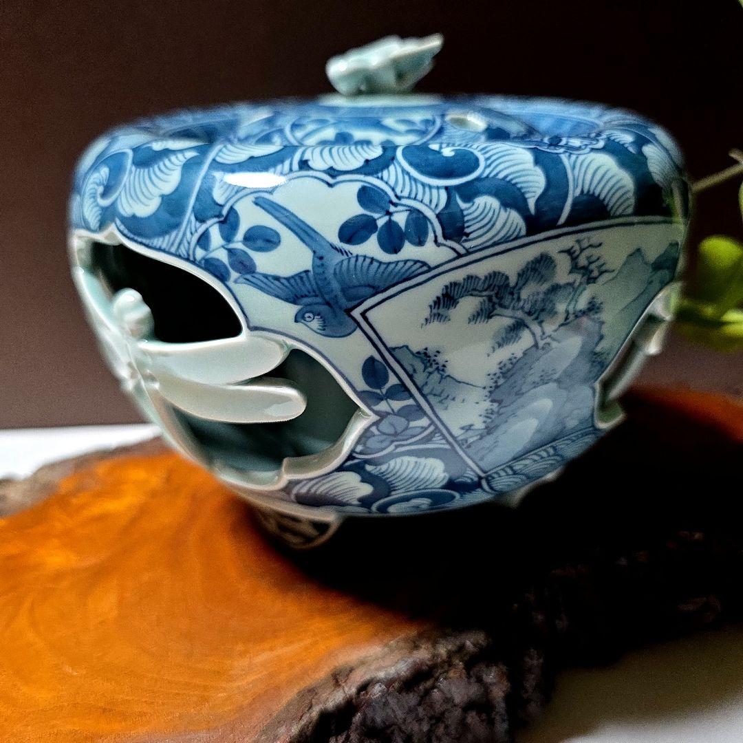 青雲窯 有田焼 染付祥瑞 山水風景図 青雲 茶道具 透かし彫り蜻蛉 三つ足香炉