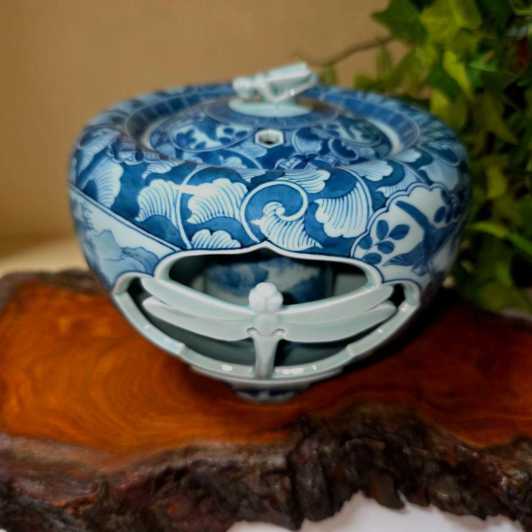 青雲窯 有田焼 染付祥瑞 山水風景図 青雲 茶道具 透かし彫り蜻蛉 三つ足香炉