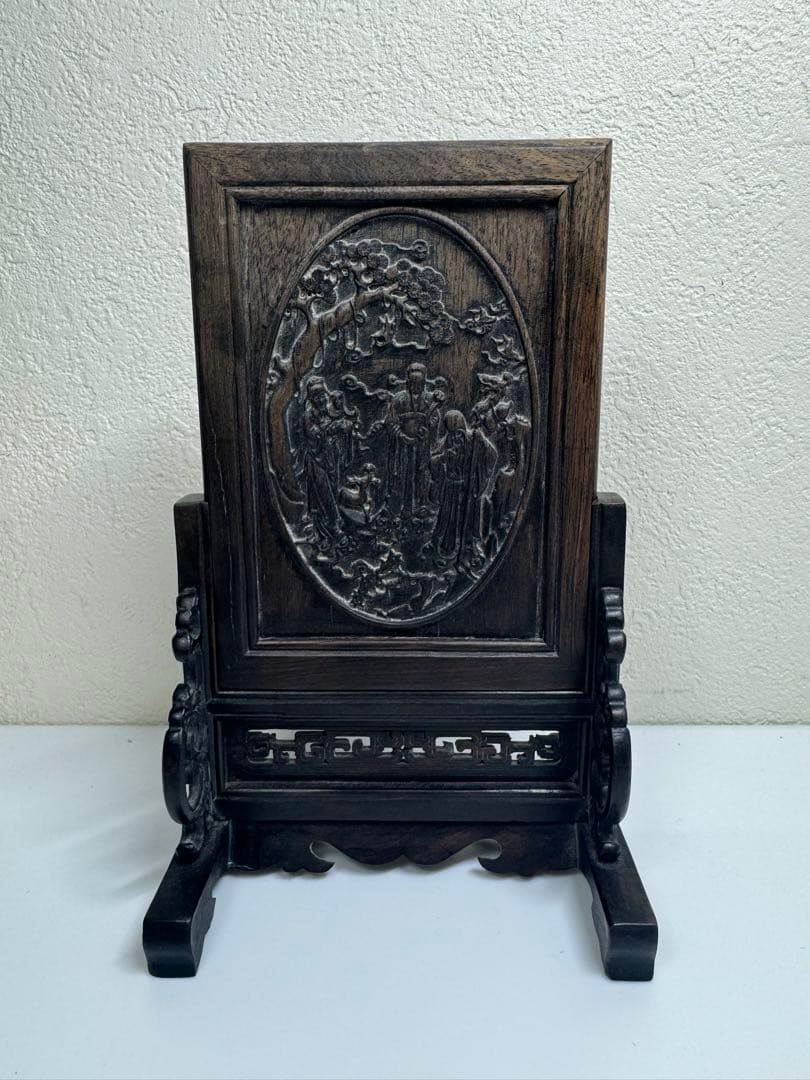 中国美術 骨董 硯屏 木製 彫刻品 福禄寿