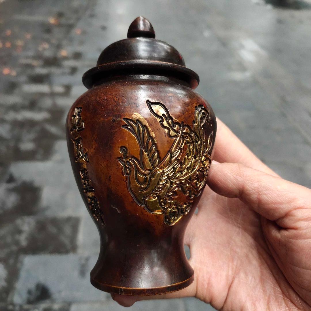 銅器 将軍缶 龍鳳呈祥 物置缶 茶葉缶 工芸品 置物