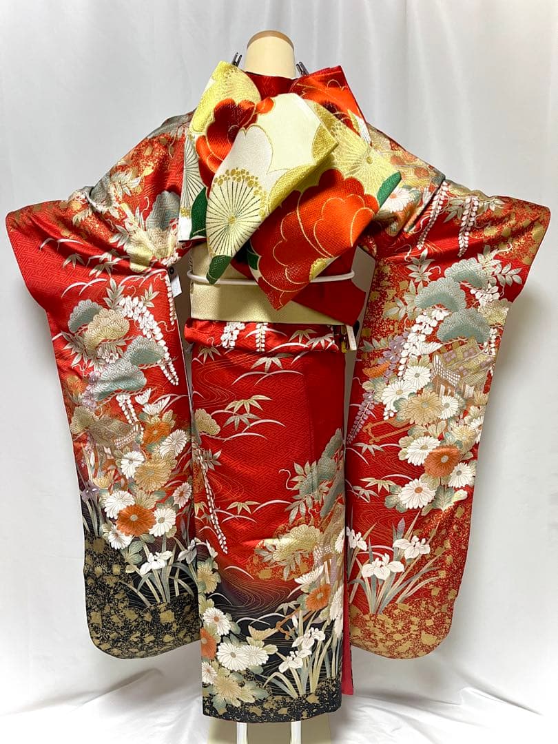 【美おり】FR52157 振袖 正絹 振袖フルセット 7点セット 成人式 赤✖️黒