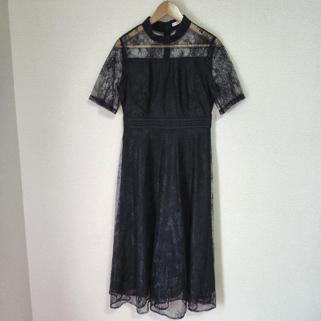 LEJA　ハイネック花柄レースウエストマーク透けロングドレスワンピース