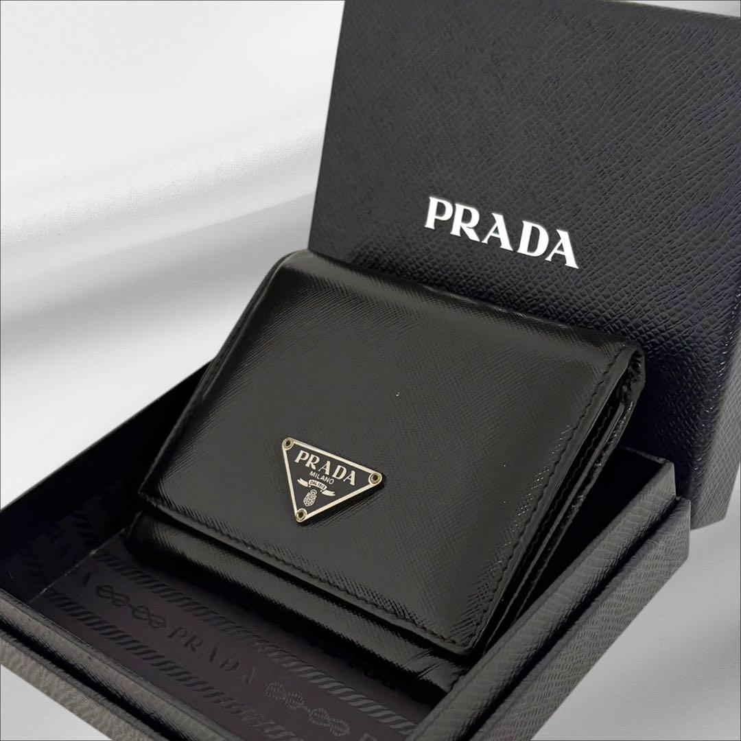 極美品✨ PRADA プラダ 三つ折り財布 オールレザー ブラック 三角ロゴ