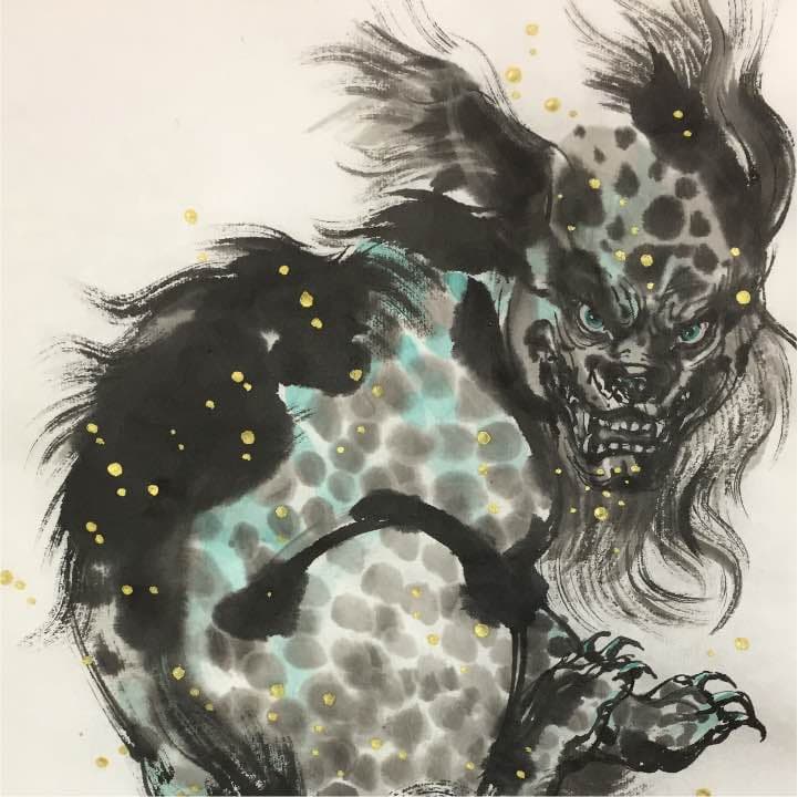 振り向く獅子、和紙24m×33cm,墨