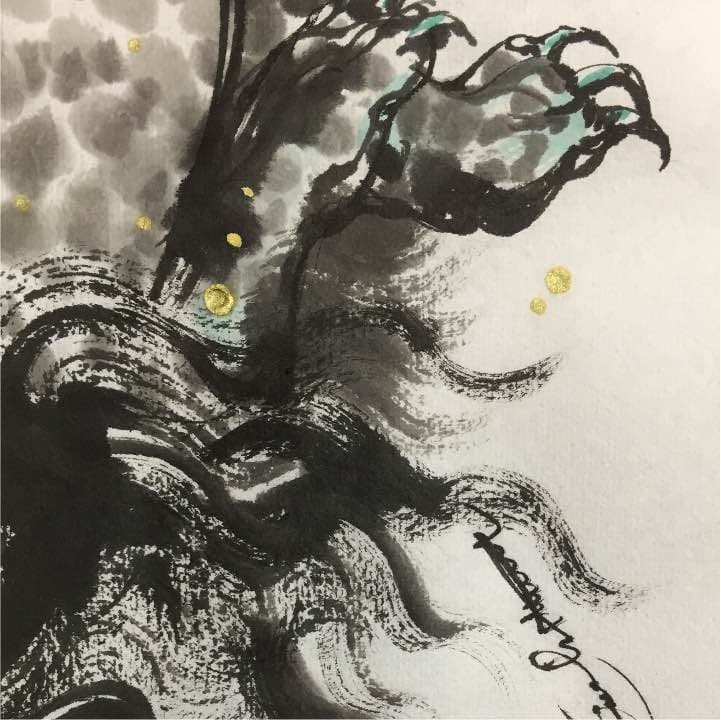 振り向く獅子、和紙24m×33cm,墨