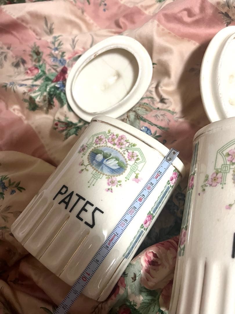 お値下げ　フランスアンティーク　小花&バラ&白鳥　キャニスター　4Pセット　陶器