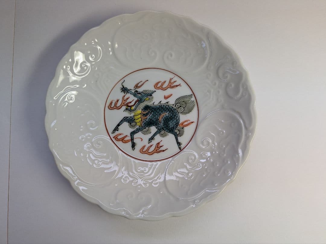 古伊万里、『白磁陽刻・色絵麒麟文輪花皿』、5客、銘無、箱無