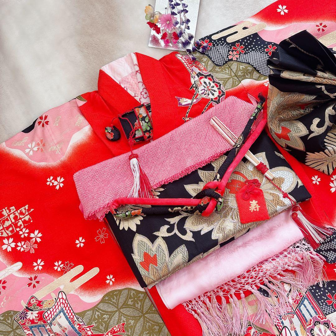 七五三　7歳　四つ身　正絹　子供　着物　作り帯　女の子　長襦袢　フルセット