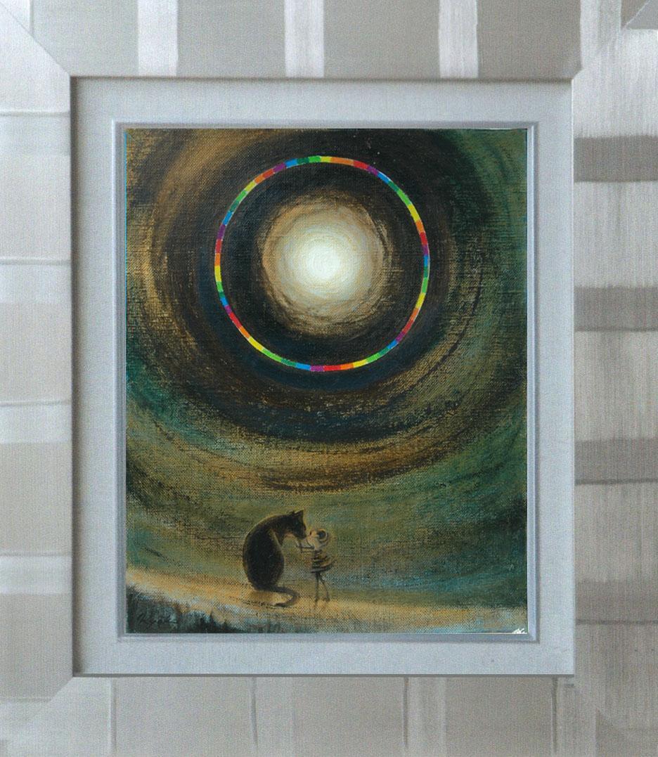 油絵 菅家令子絵 絵画インテリア額付(白) F3-051821 祈り犬猫 女の子