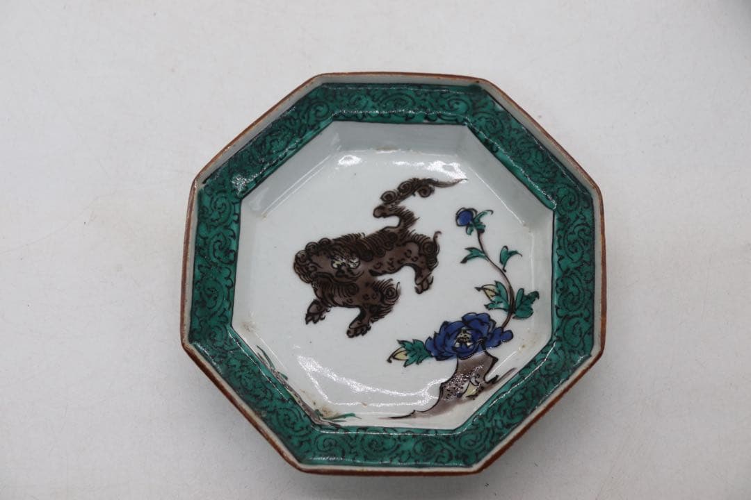 青九谷　牡丹獅子紋角皿4点　江戸　送料込み250511