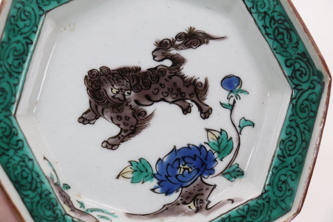 青九谷　牡丹獅子紋角皿4点　江戸　送料込み250511