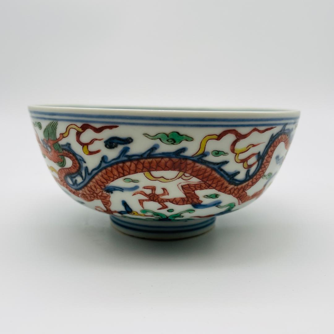 【明】陶磁器 五彩五爪龍文椀 官窯 銘 大明万暦年製 景徳鎮 中国美術 中国古玩