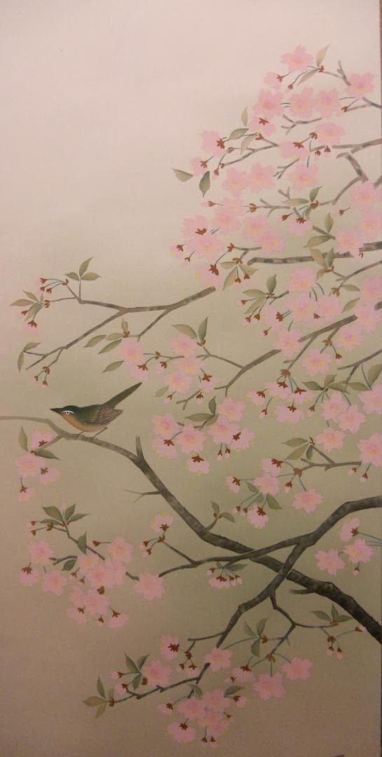 掛け軸 高井一鳳 『 桜に小禽 』 絹本 希少 軸装 茶道具 掛軸 美品 です。
