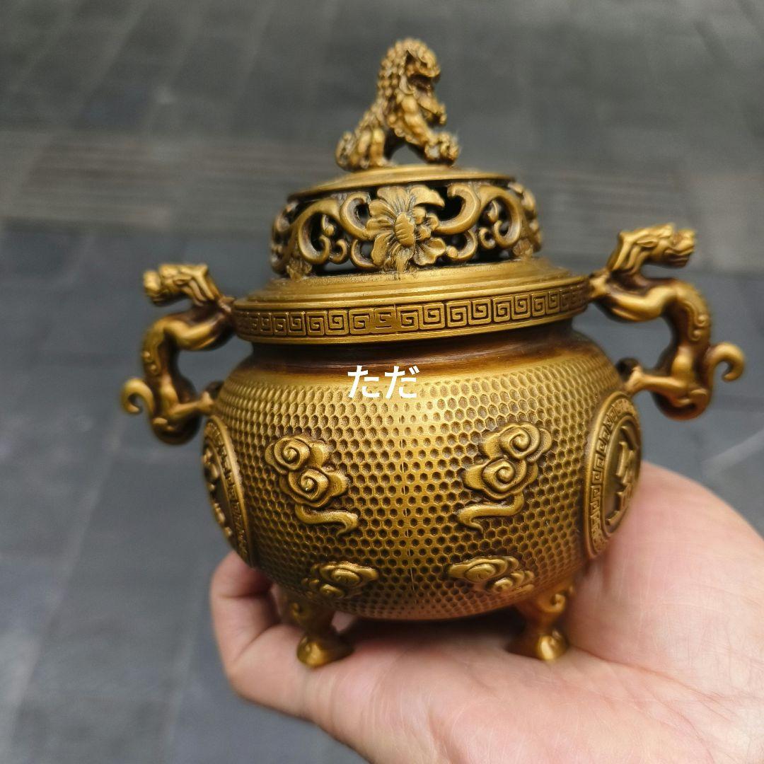 銅器 獅子蓋聚宝盆双耳三足香炉 銅炉 室内薫香炉 工芸品 置物
