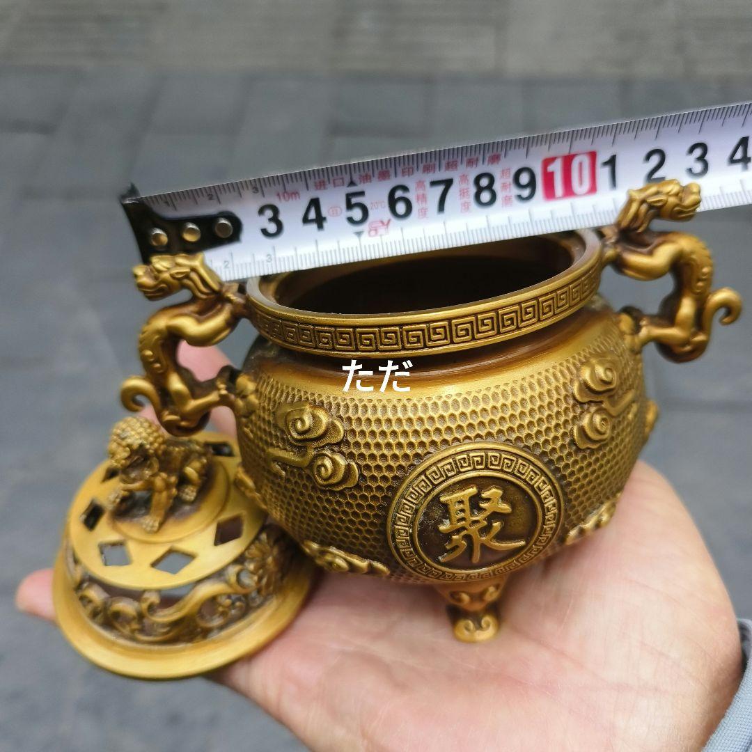 銅器 獅子蓋聚宝盆双耳三足香炉 銅炉 室内薫香炉 工芸品 置物