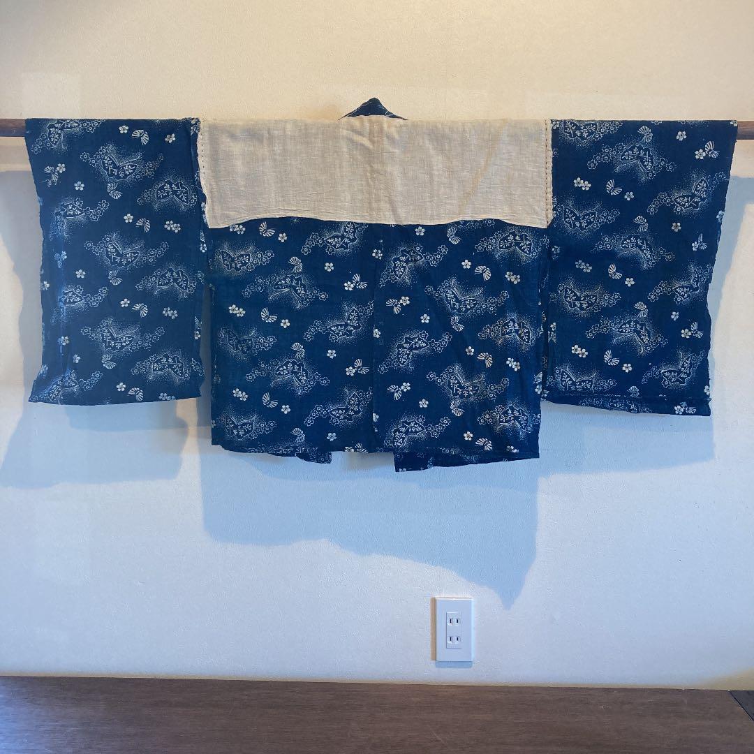 古布　半襦袢　両面染め　型染　藍染　蝶々　桜