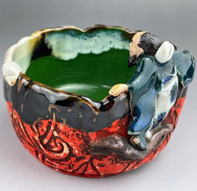 【希少】隅田焼 高浮彫人物立体造形焼物 明治期 ボウル トレイ 深皿 井上良斎