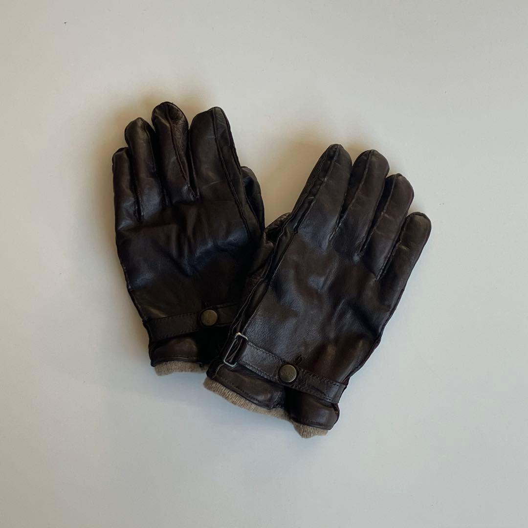イタリア製 ALPO 羊皮 ダークブラウン レザー手袋 ボタン付き カシミヤ