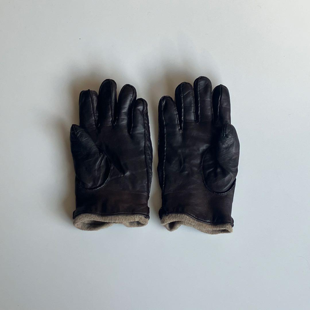 イタリア製 ALPO 羊皮 ダークブラウン レザー手袋 ボタン付き カシミヤ