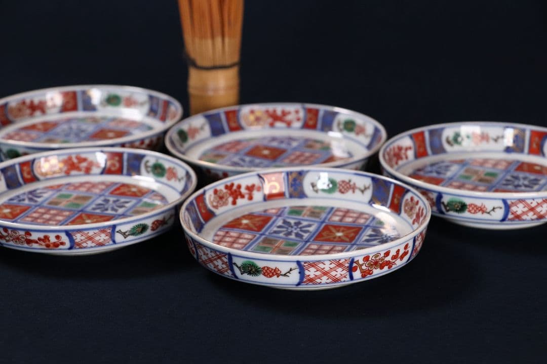 時代 大聖寺伊万里 奇玉宝鼎之珍 錦手小紋小皿 五客 12cm 色絵 MA407