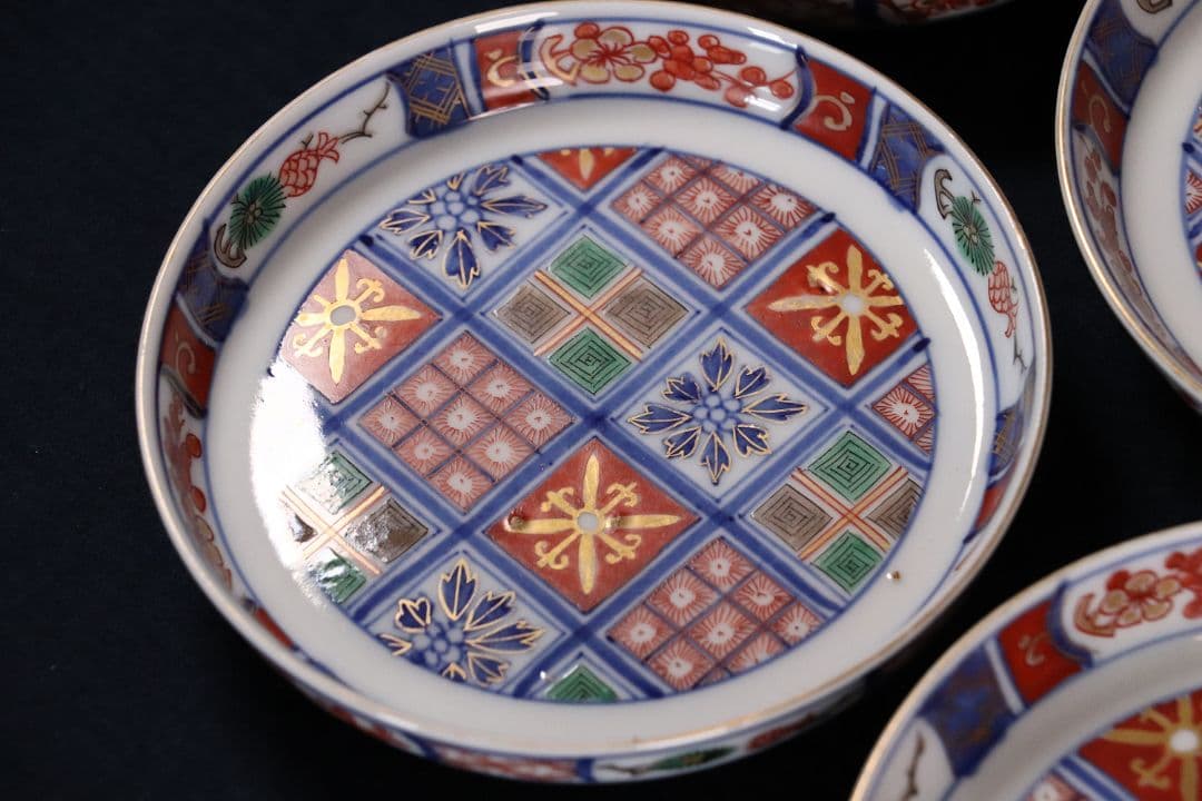 時代 大聖寺伊万里 奇玉宝鼎之珍 錦手小紋小皿 五客 12cm 色絵 MA407