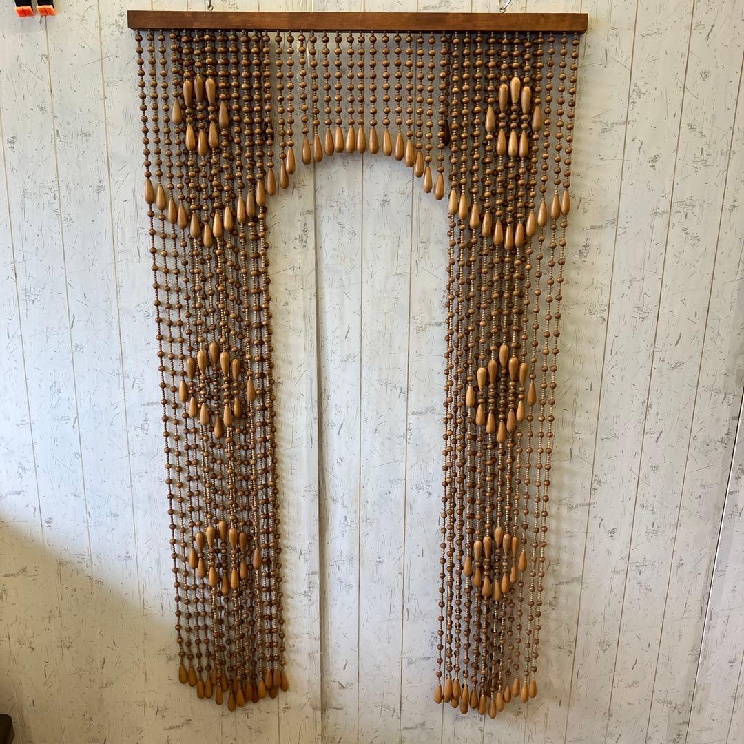 昭和レトロ スライド式 開閉 アーチ型 ウッドビーズ のれん カーテン 玉簾
