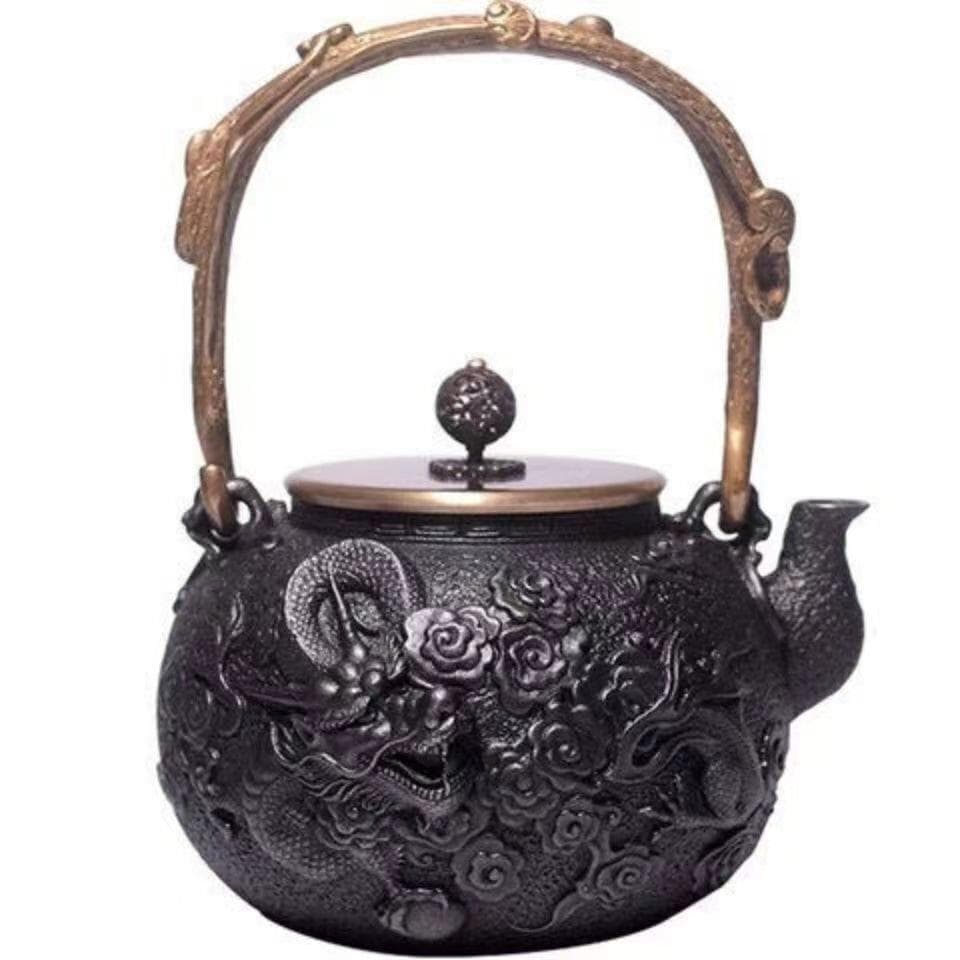 鋳鉄製ドラゴン彫刻鉄瓶 大容量 お茶の道具 1.2L