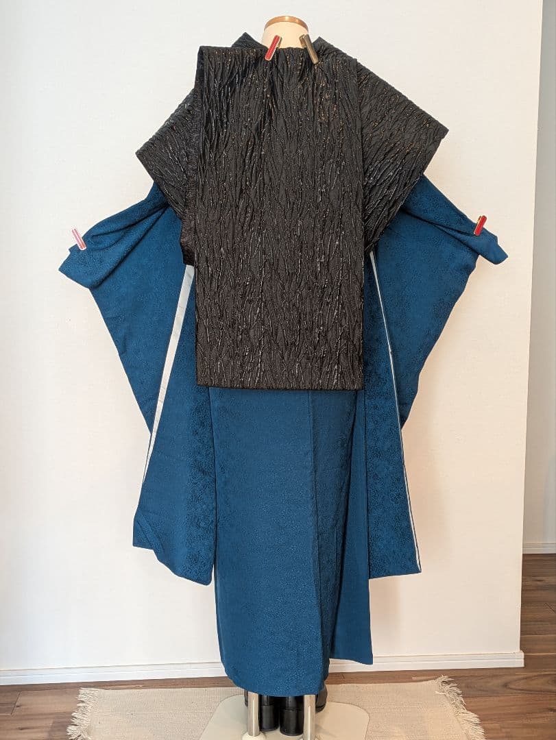 振袖フルセット 身丈152裄64 色無地振袖 青藍色 地紋 やまと誂え 成人式