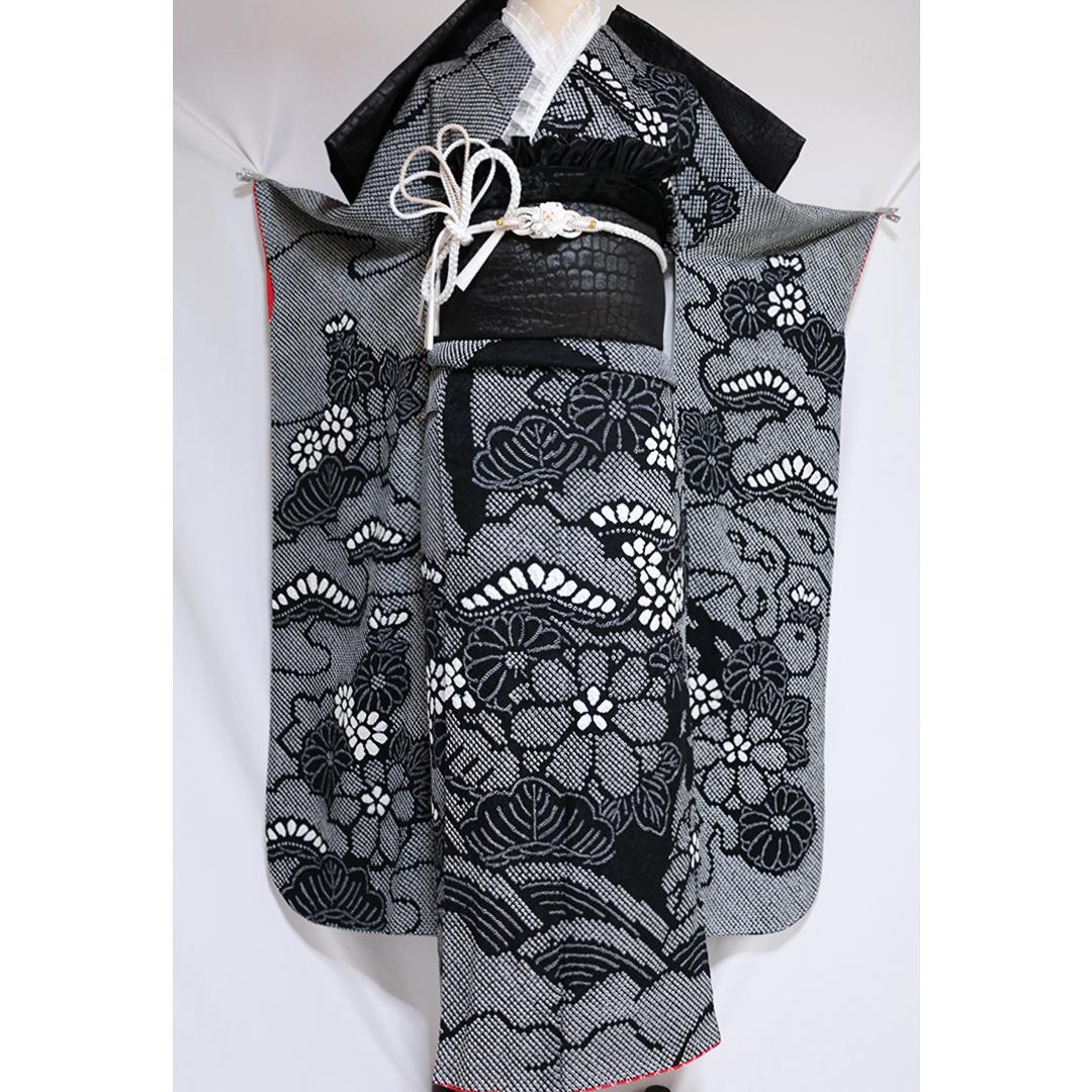 【美品】総絞り白黒振袖7点セット161cm帯新品帯締めフルセット成人式TB28