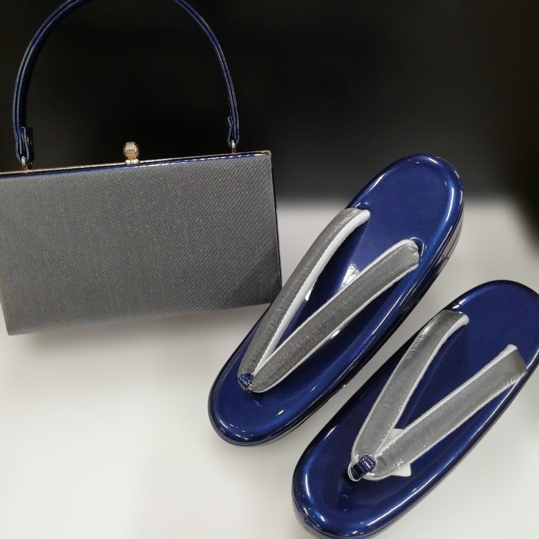 新品未使用　振袖　着物用草履バッグセット　フリーサイズ　青/シルバー　50