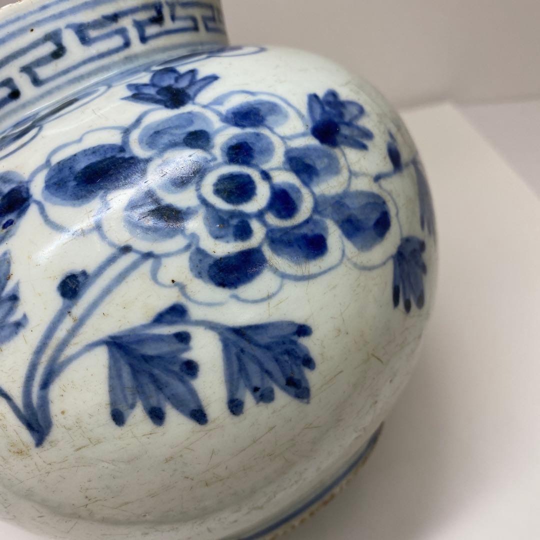 李朝　染付　牡丹文　壺　高さ約15.1㎝　トヒオウ　東さ7-0728③