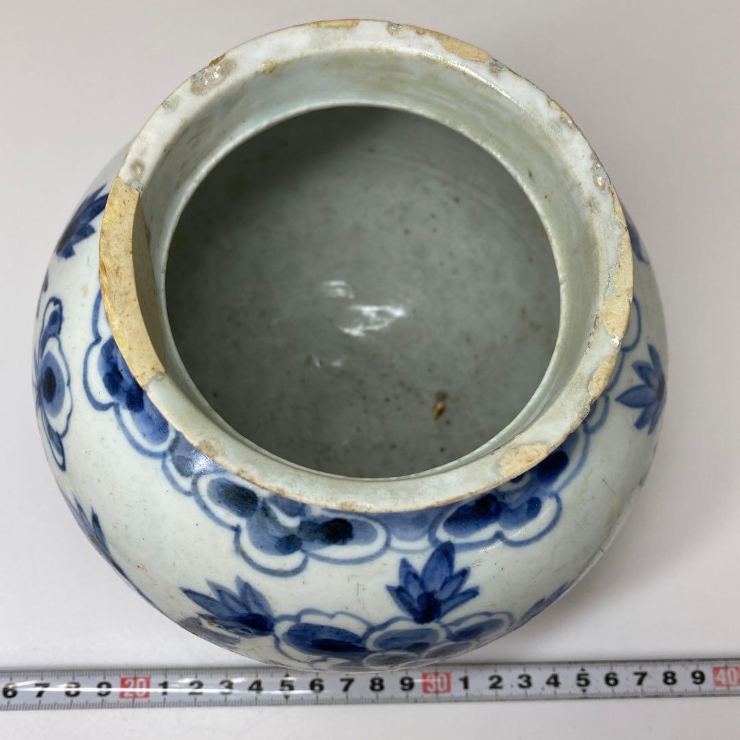 李朝　染付　牡丹文　壺　高さ約15.1㎝　トヒオウ　東さ7-0728③