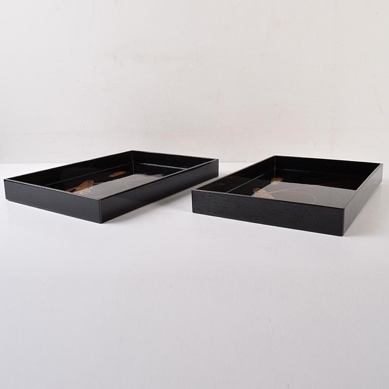 時代漆塗　黒漆　金蒔絵　盆一対　時代箱付　C　R7778