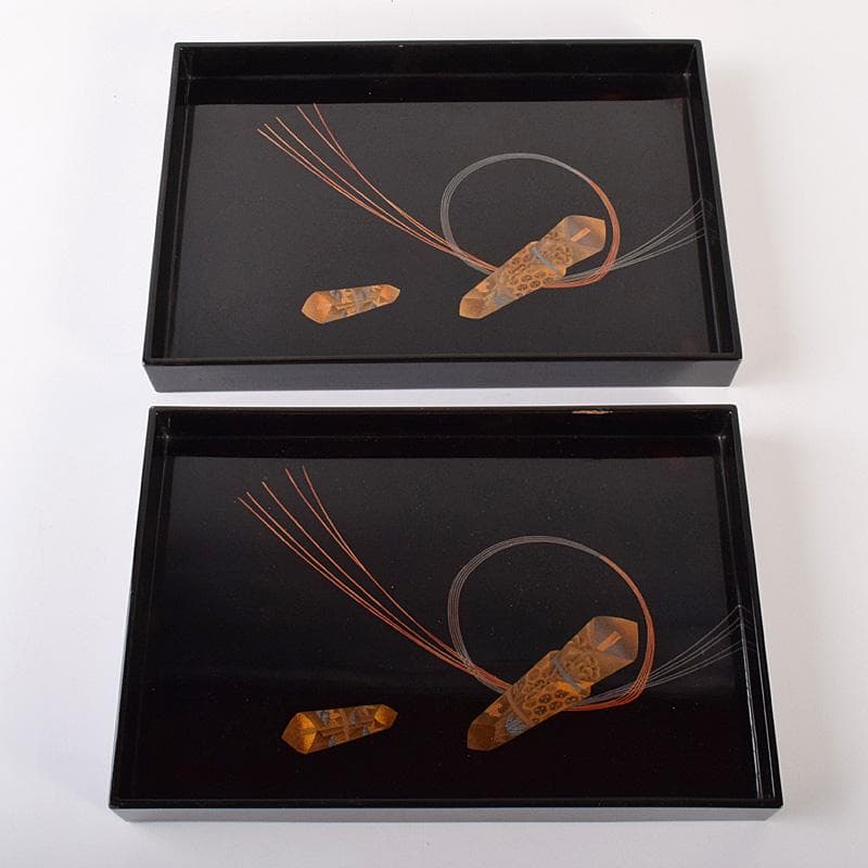 時代漆塗　黒漆　金蒔絵　盆一対　時代箱付　C　R7778