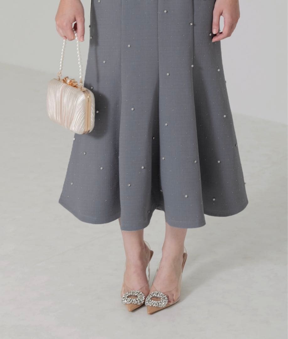 Leja パールビジュー付き透け感プリーツフレアスリーブビーズマーメイドドレス