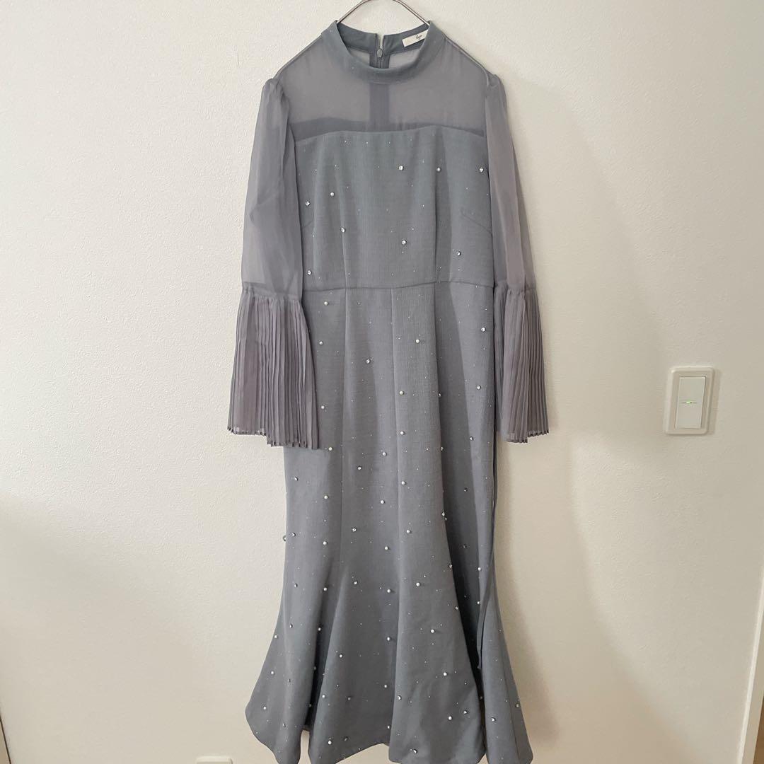 Leja パールビジュー付き透け感プリーツフレアスリーブビーズマーメイドドレス