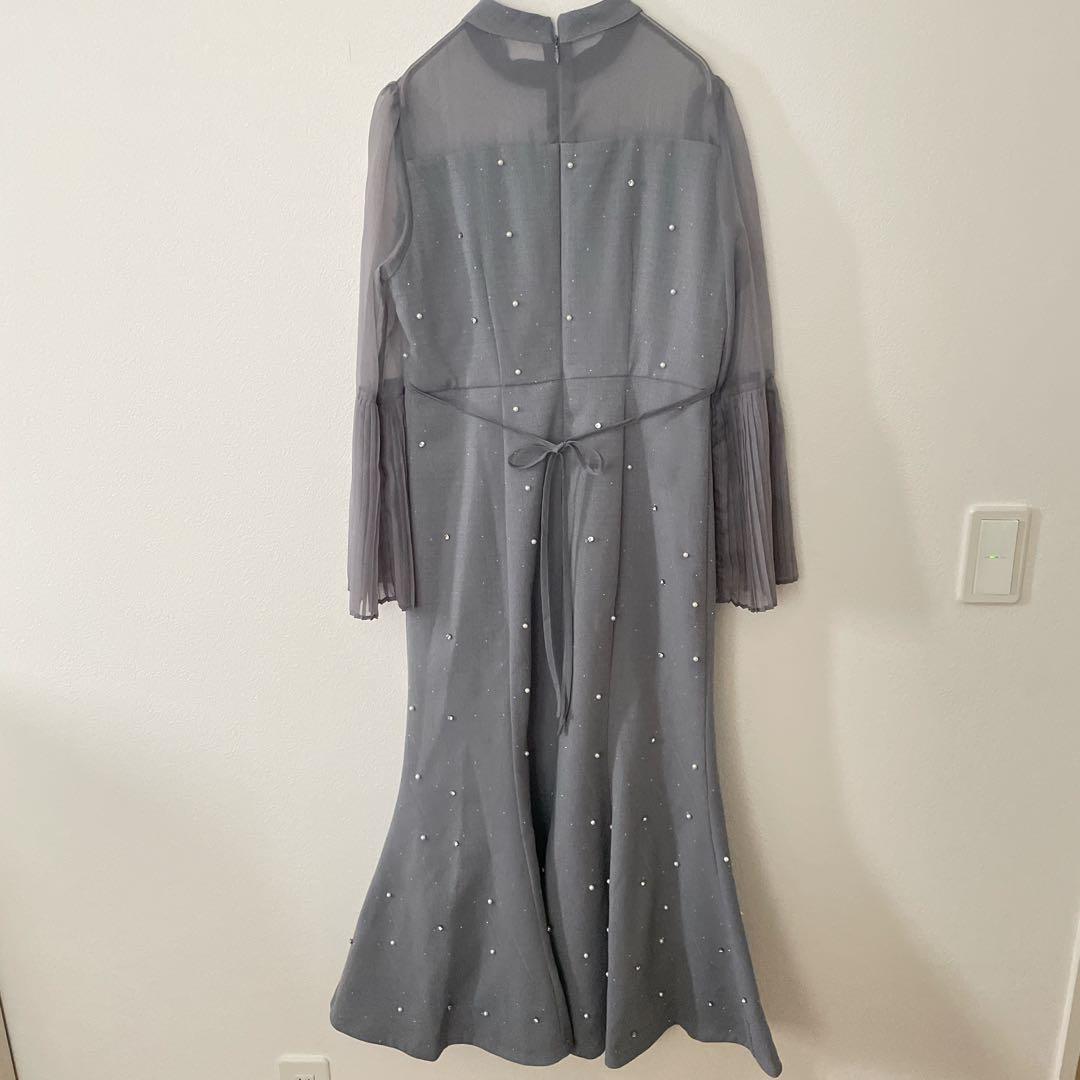 Leja パールビジュー付き透け感プリーツフレアスリーブビーズマーメイドドレス