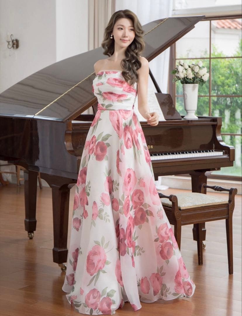 [SETTAN]ホワイト×ピンクフラワープリント・ベア・Aライン・ロングドレス