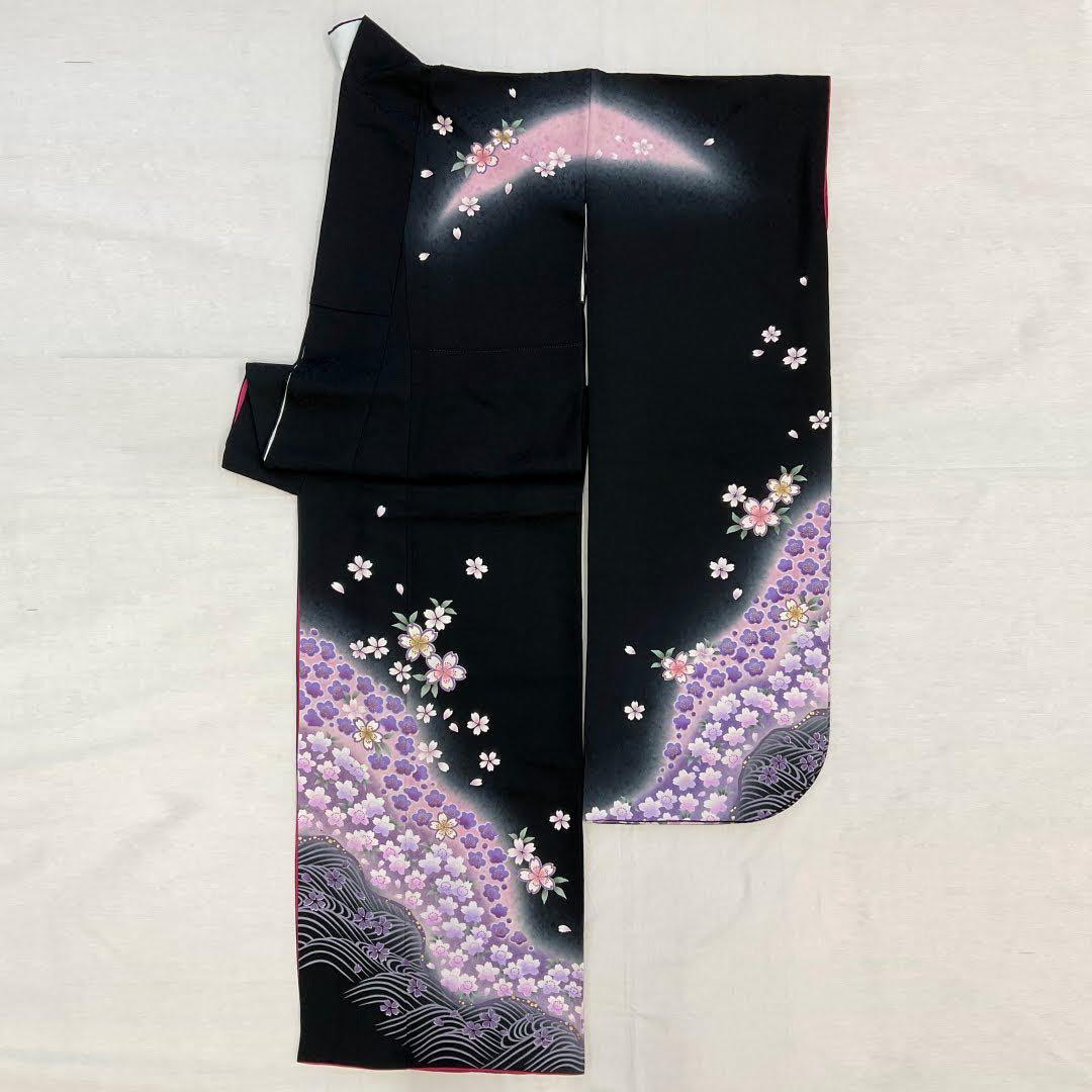 振袖 黒 ピンク 紫 ぼかし 桜 波 レンタル処分 成人式