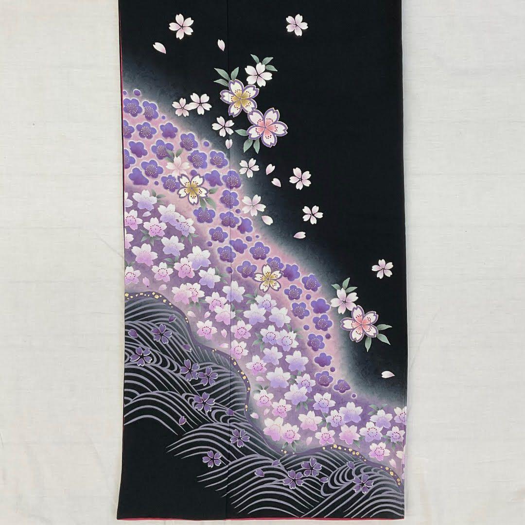 振袖 黒 ピンク 紫 ぼかし 桜 波 レンタル処分 成人式