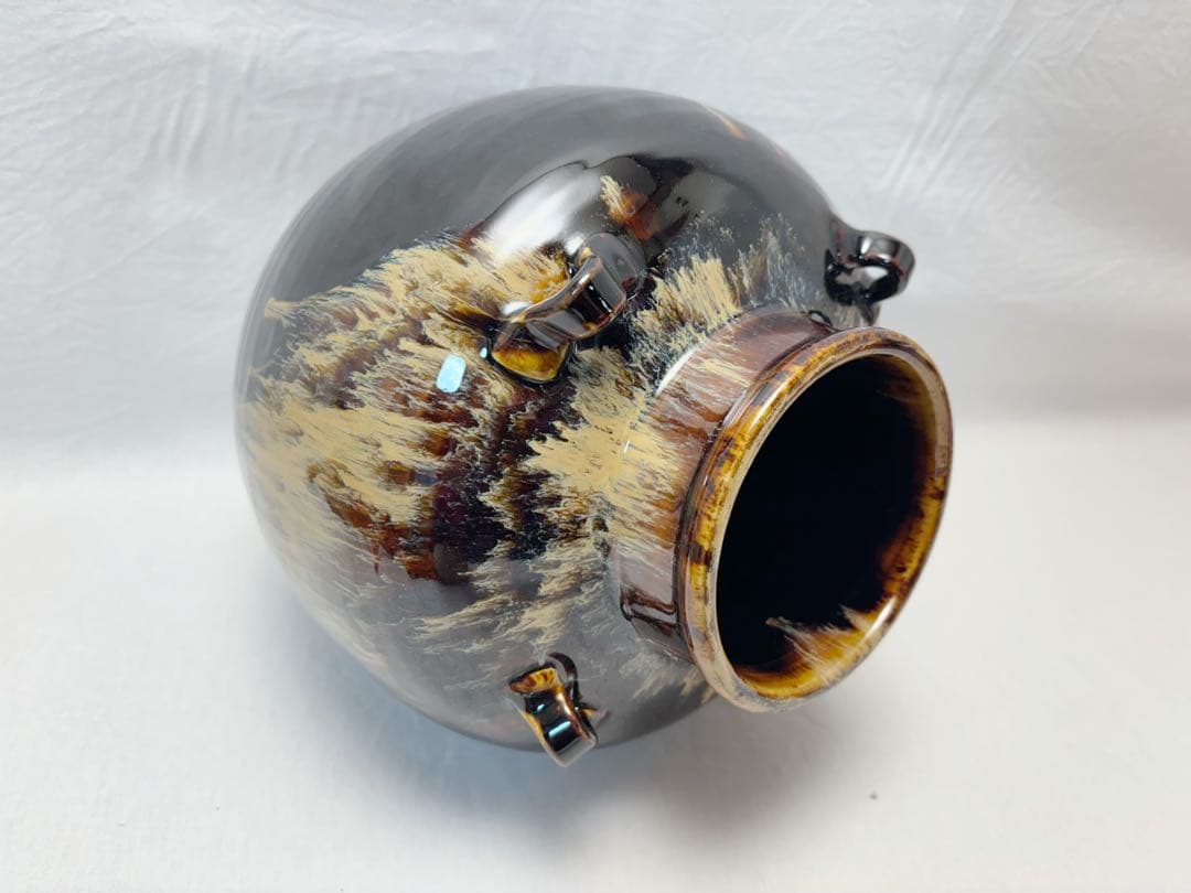 ほぼ未使用 茶道具 洛東 樋谷定一作 天目釉 茶壺 飾壺 飾網紐付 陶印 共箱