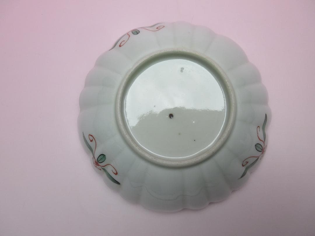 時代 金彩 赤絵 花形 花 巻物紋 中鉢3客 アンティーク M70627