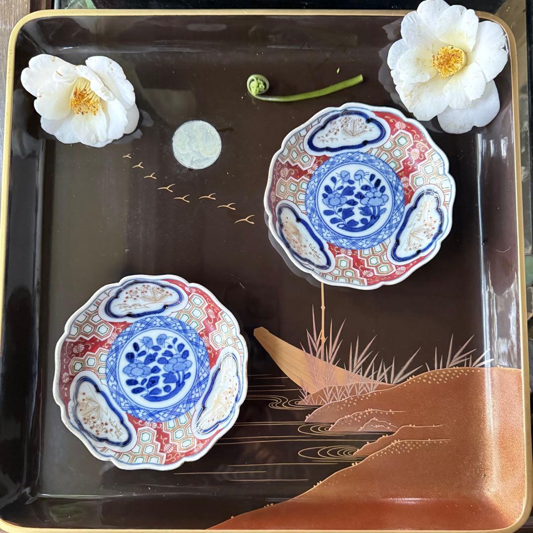 超限定2日20時迄❣旧家蔵出江戸期最上手牡丹と亀甲❌松竹梅大聖寺伊万里小皿5客