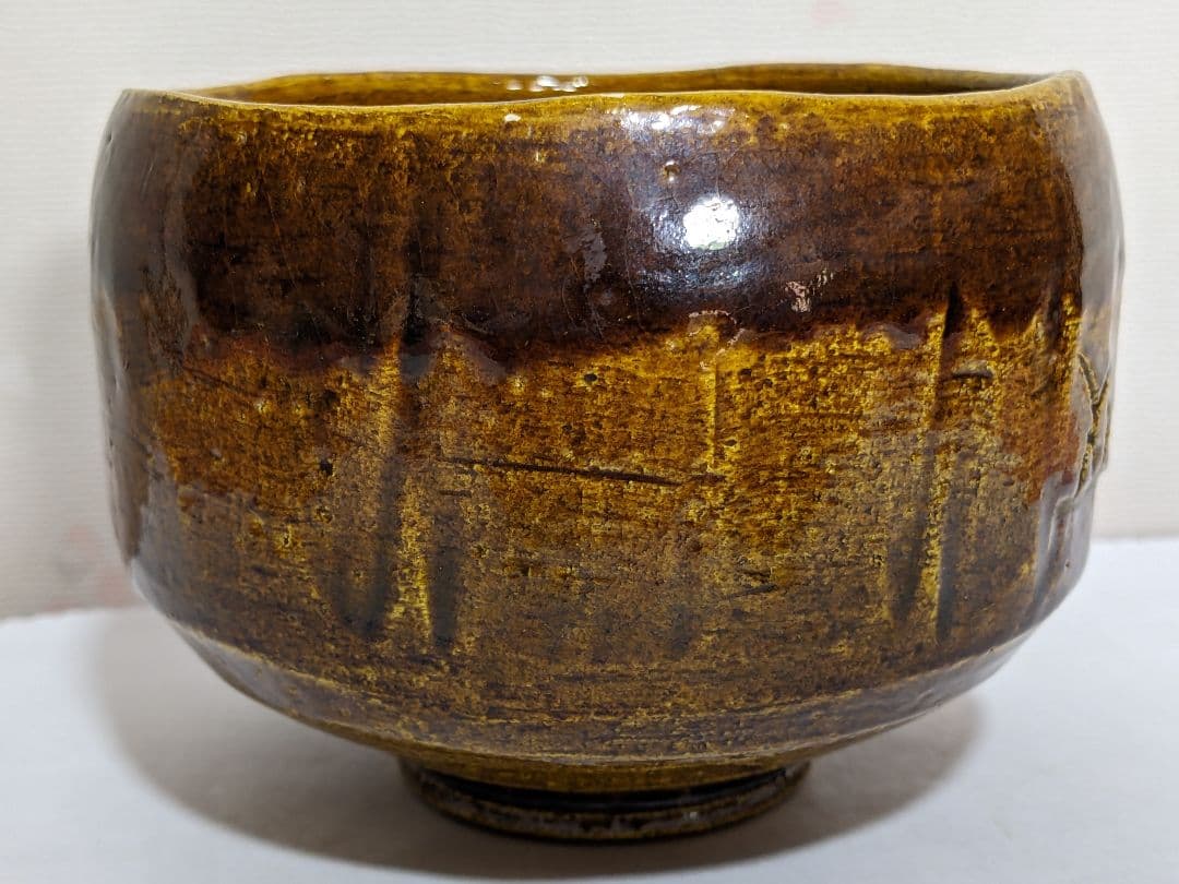 ♦茶道具 京焼 清水焼 二代 吉村楽入作 飴釉 山水図 篦彫り 抹茶碗 骨董品